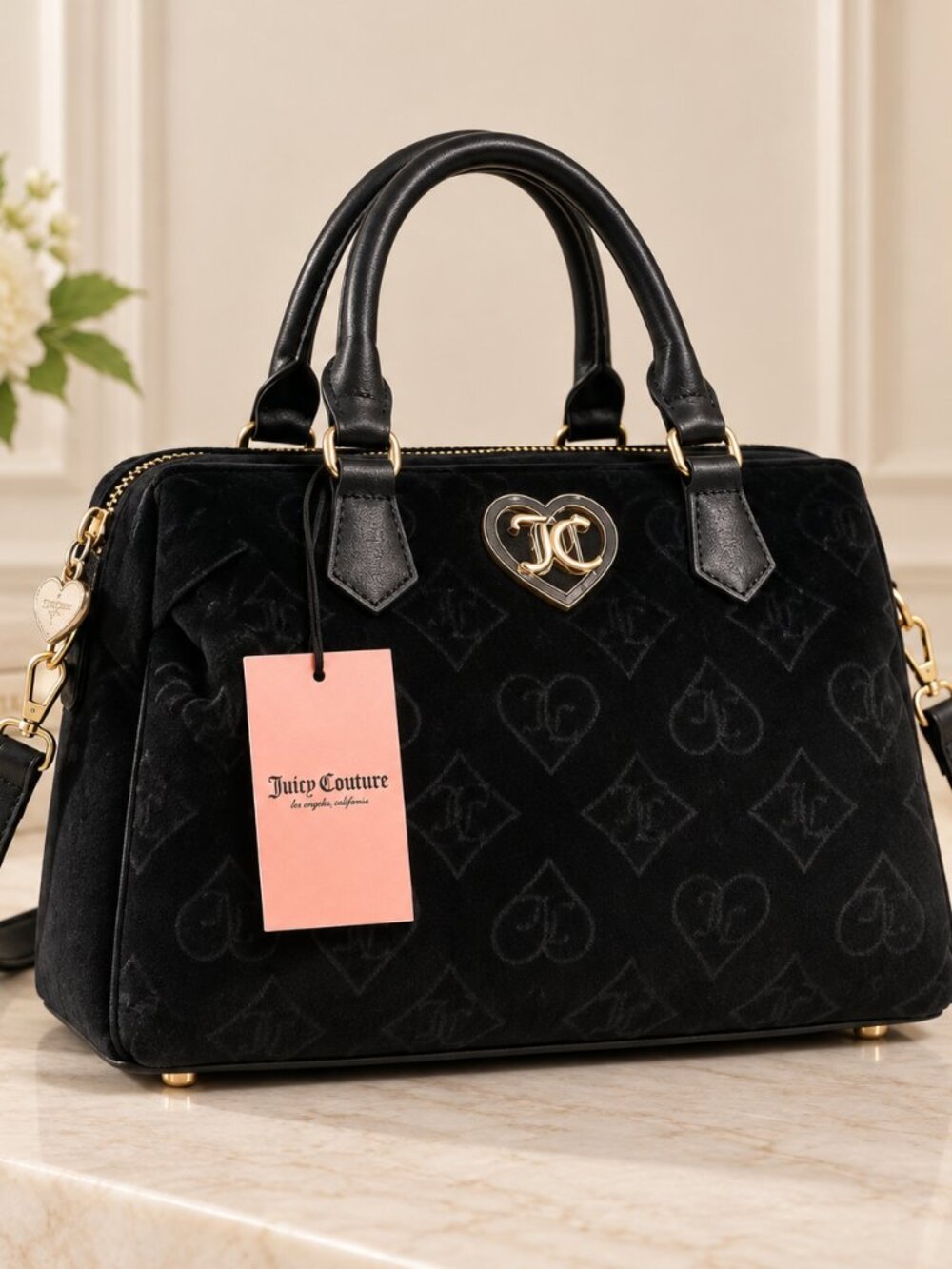 Juicy Couture Black Velour Satchel Crossbody Bag Gold Hardware NWT